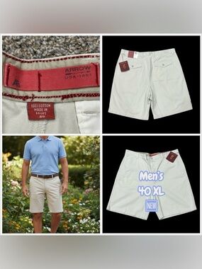 Men's Arrow 40 XL Chino Khakis Shorts Khaki Flat Front Cotton Twill Pockets NWT